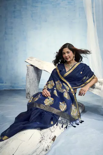 Navy blue pure munga silk blend handloom saree and contrast weaving border with organza pallu