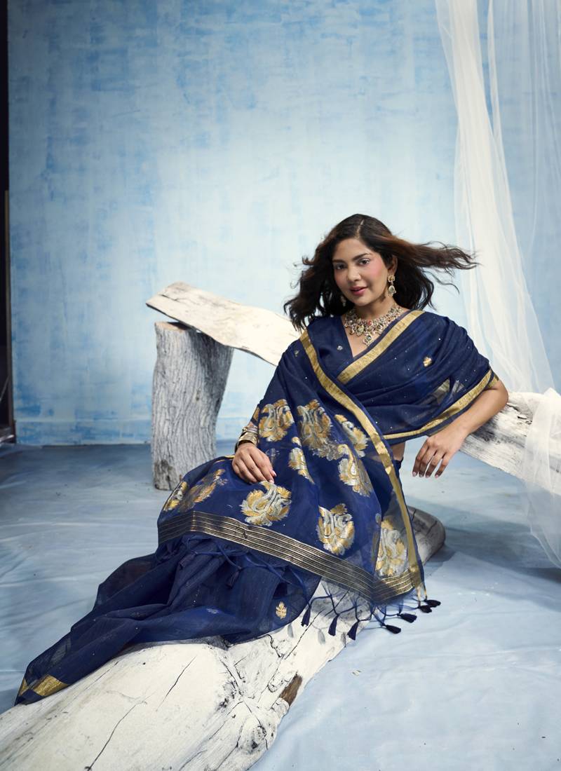 Navy blue pure munga silk blend handloom saree and contrast weaving border with organza pallu