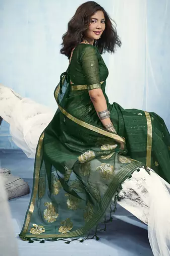 Green pure munga silk blend handloom saree and contrast weaving border with organza pallu