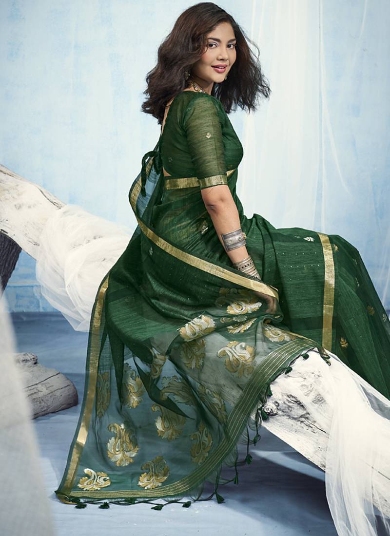 Green pure munga silk blend handloom saree and contrast weaving border with organza pallu
