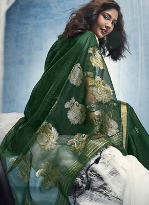 Green pure munga silk blend handloom saree and contrast weaving border with organza pallu 5