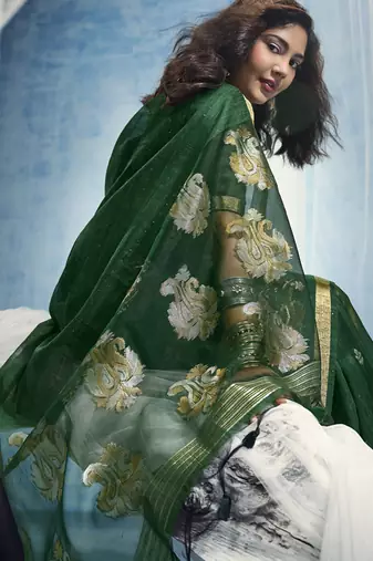 Green pure munga silk blend handloom saree and contrast weaving border with organza pallu