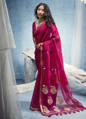 Ruby pure munga silk blend handloom saree and contrast weaving border with organza pallu 1