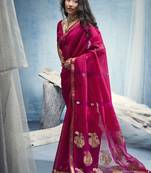 Ruby pure munga silk blend handloom saree and contrast weaving border with organza pallu