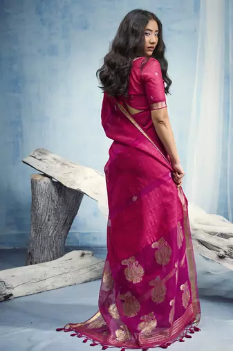 Ruby pure munga silk blend handloom saree and contrast weaving border with organza pallu