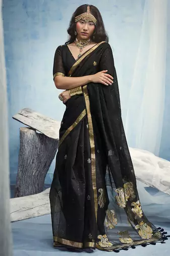 Black pure munga silk blend handloom saree and contrast weaving border with organza pallu