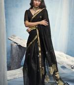 Black pure munga silk blend handloom saree and contrast weaving border with organza pallu