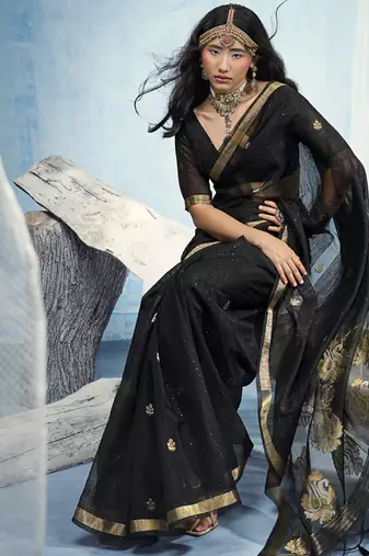 Black pure munga silk blend handloom saree and contrast weaving border with organza pallu
