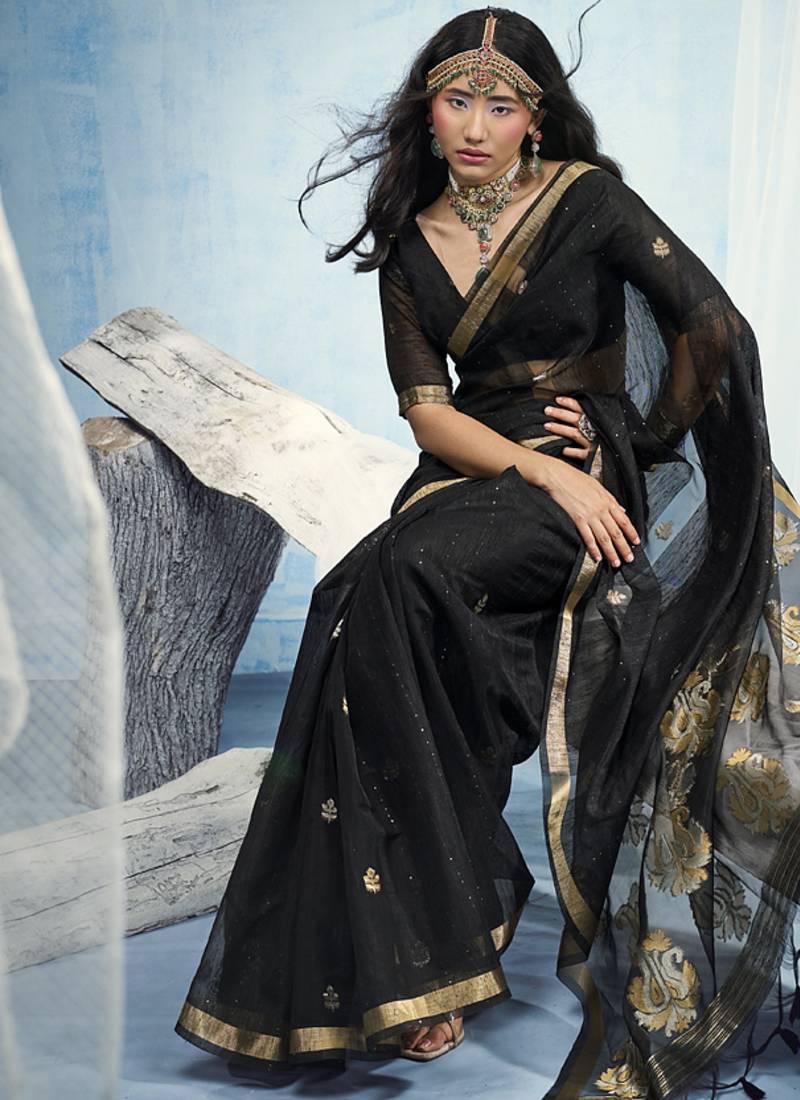 Black pure munga silk blend handloom saree and contrast weaving border with organza pallu