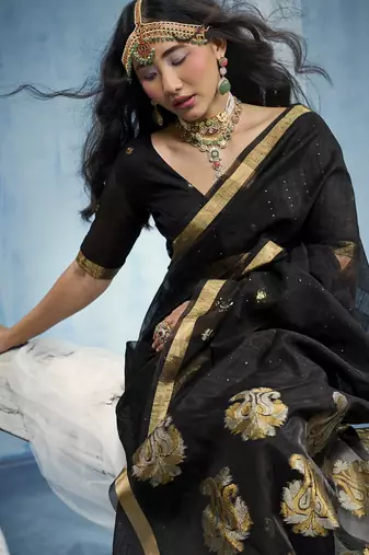 Black pure munga silk blend handloom saree and contrast weaving border with organza pallu