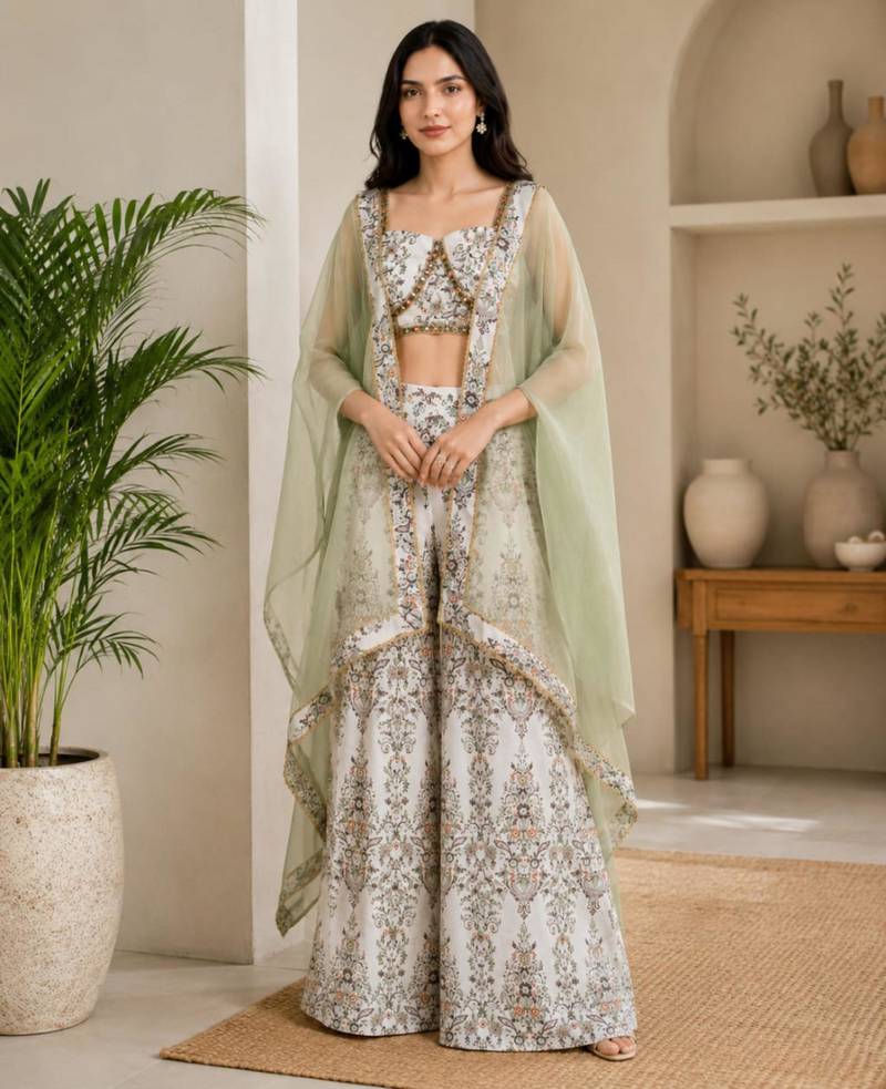 White crepe printed palazzo set