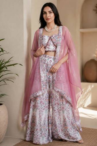 White crepe printed palazzo set