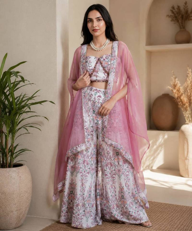 White crepe printed palazzo set
