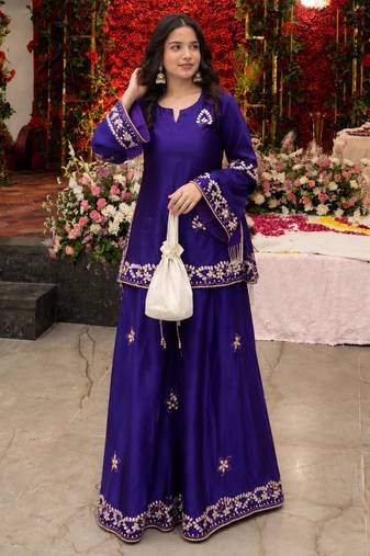 Purple crepe embroidered palazzo set