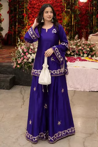 Purple crepe embroidered palazzo set