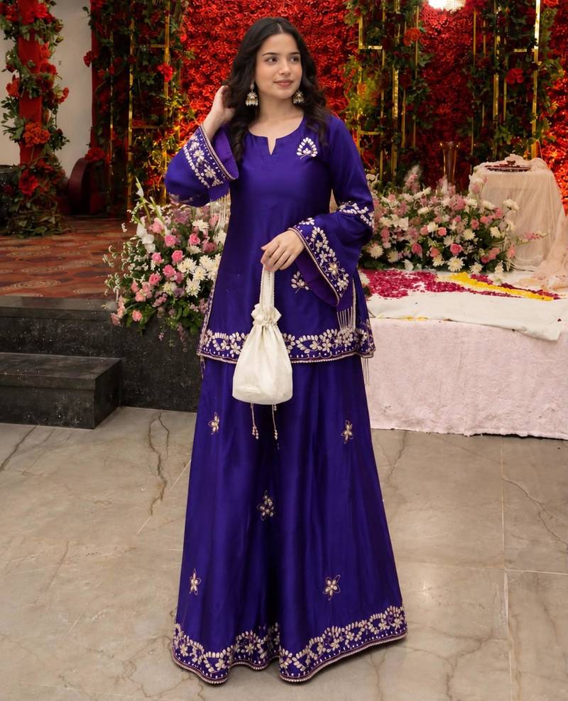 Purple crepe embroidered palazzo set