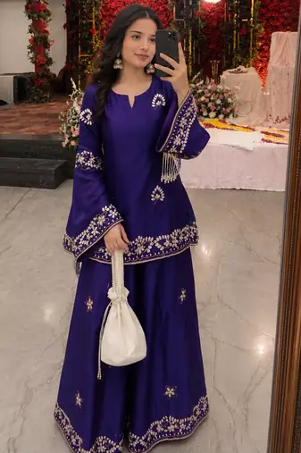 Purple crepe embroidered palazzo set