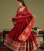 Red silk blend embroidered flared gown set
