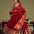 Red silk blend embroidered flared gown set
