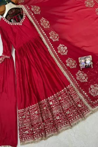 Red silk blend embroidered flared gown set