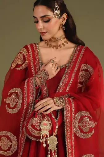 Red silk blend embroidered flared gown set