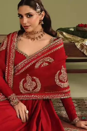 Red silk blend embroidered flared gown set