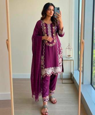 Purple rayon embroidered kurta set 1