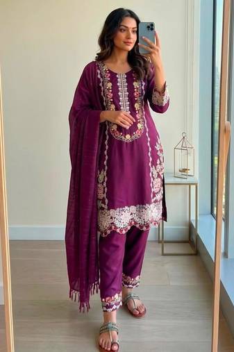 Purple rayon embroidered kurta set