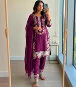 Purple rayon embroidered kurta set