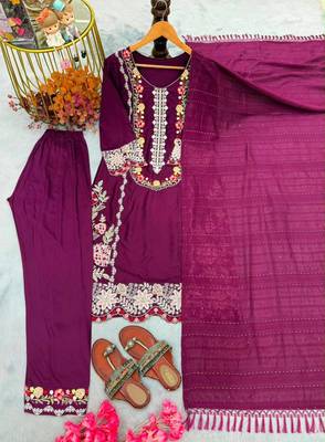 Purple rayon embroidered kurta set 2