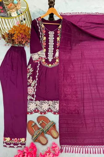 Purple rayon embroidered kurta set
