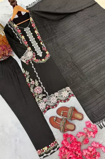 Black rayon embroidered kurta set