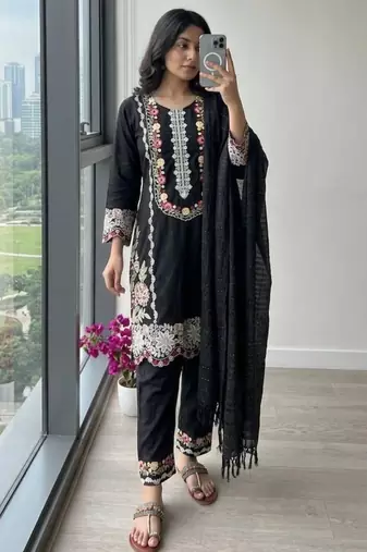 Black rayon embroidered kurta set