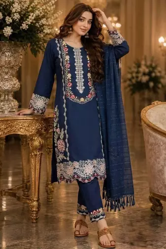 Navy blue rayon embroidered kurta set