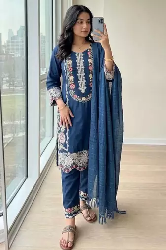 Navy blue rayon embroidered kurta set