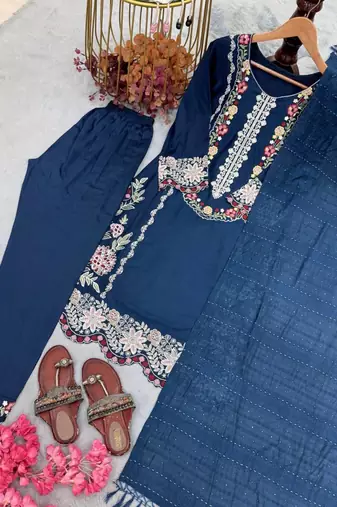 Navy blue rayon embroidered kurta set