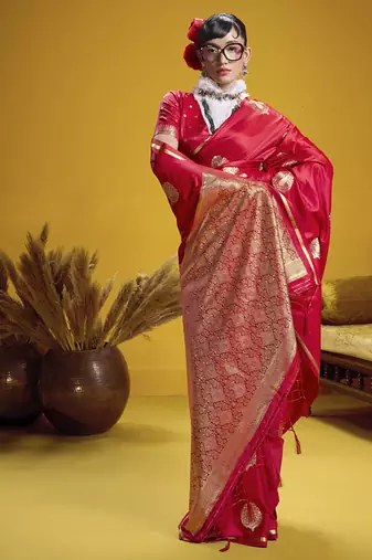 Red pure satin handloom weaving silk blend festival wear saree