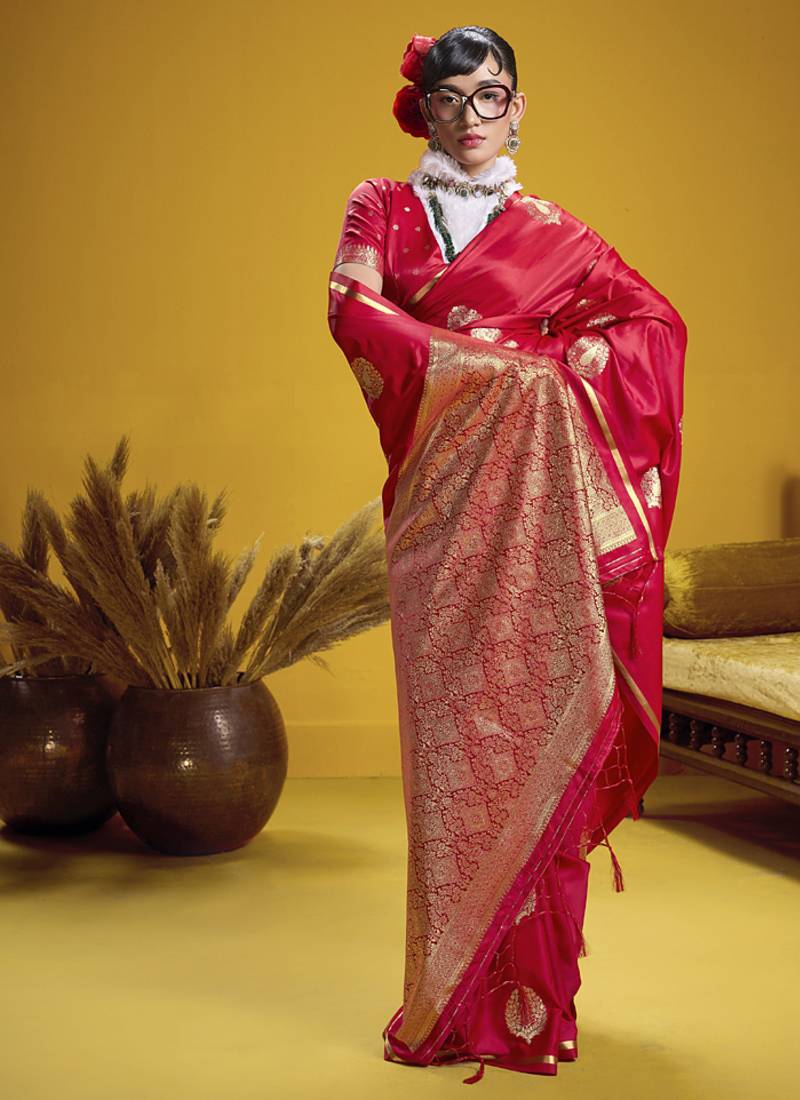 Red pure satin handloom weaving silk blend festival wear saree