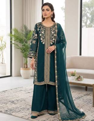 Teal silk blend embroidered palazzo set 1