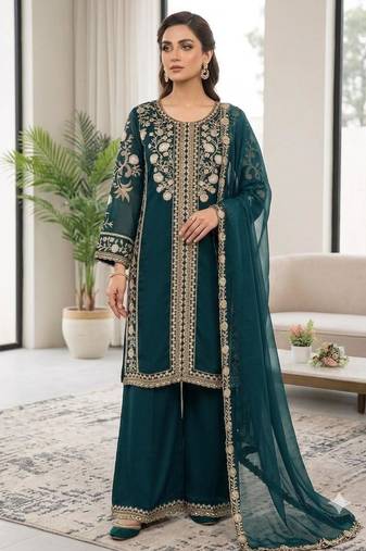 Teal silk blend embroidered palazzo set