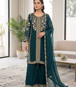 Teal silk blend embroidered palazzo set