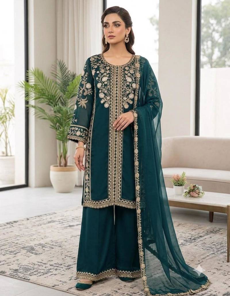 Teal silk blend embroidered palazzo set
