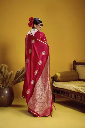 Red pure satin handloom weaving silk blend festival wear saree