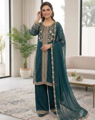 Teal silk blend embroidered palazzo set 2