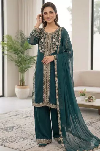 Teal silk blend embroidered palazzo set