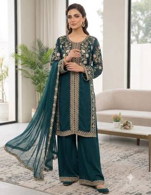 Teal silk blend embroidered palazzo set 3