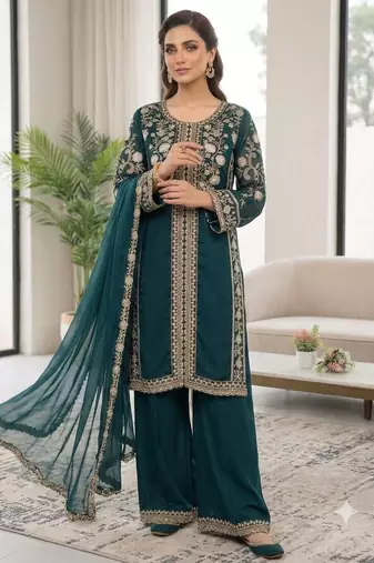 Teal silk blend embroidered palazzo set