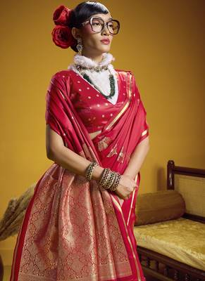 Red pure satin handloom weaving silk blend festival wear saree 3