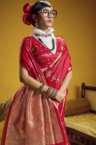 Red pure satin handloom weaving silk blend festival wear saree