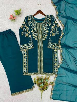 Teal silk blend embroidered palazzo set 4